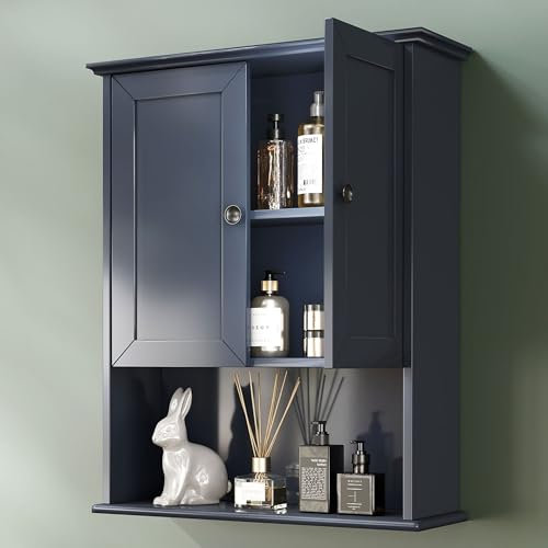 OONNEE Blauer Badezimmerschrank, Wandmontage, aus Holz, Medizinschränke über Toilette, 61 x 76,2 cm, hängendes Badezimmer-Wandschrank mit 2 Türen und verstellbarem Regal, weiches Scharnier,