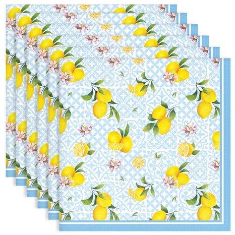 Arquiel Servietten Blaue Zitrone 6er-Set, Stoffservietten 100% Baumwolle Dekoratives Weiches Wiederverwendbare Esstisch Servietten für Hochzeiten Küche Haushalt Frühling/Sommer(45×45cm)