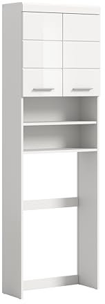 furnling Waschmaschinenüberbau Scott, Waschmaschinenschrank, 2 Türen, 2 offene Fächer, Hochglanz Front, Badschrank, Badmöbel, 63 cm breit, Weiß