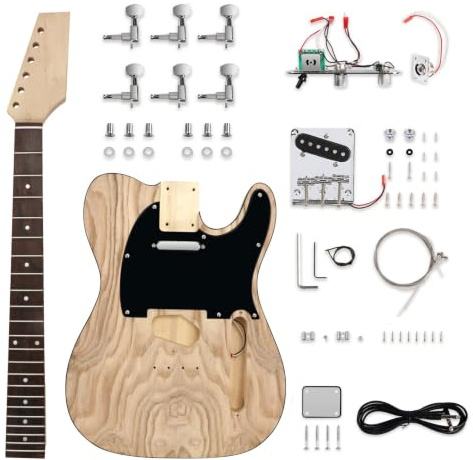 Fistrock DIY E-Gitarre Kit Anfänger Kit TL Style 6 Saiten Rechtshänder Lindenkörper mit Esche Wurzel Top Harter Ahorn Hals Palisander Griffbrett Chrom Hardware Bauen Sie Ihre eigene Gitarre