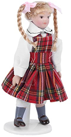 SUPYINI Keramikpuppe Miniatur Porzellan Dollhouse Puppe Langes Geflecht Red Dress Girl Spielzeugmodell, Tolle Kinder, Lebensbiente für Dollhouse (Mädchen mit Langer geflochtenes rotes
