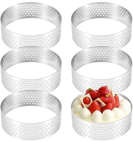 Huybaa 6 Piezas Moldes Perforados Tartaletas, 8 cm Moldes para Anillos de Pastel, Anillo Tarta Acero Inoxidable, Moldes para Tartas Pasteles Mini Tartas Mini Pizzas Muffins