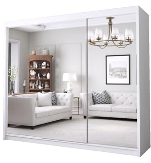 DELUXEWARE Sliding Door Wardrobes with Full Mirror, 2&3 door wardrobe with Mirror,Drawers,Adjustable Shelves & Hanging Rails, Furniture for Bedroom (White, 250cm)