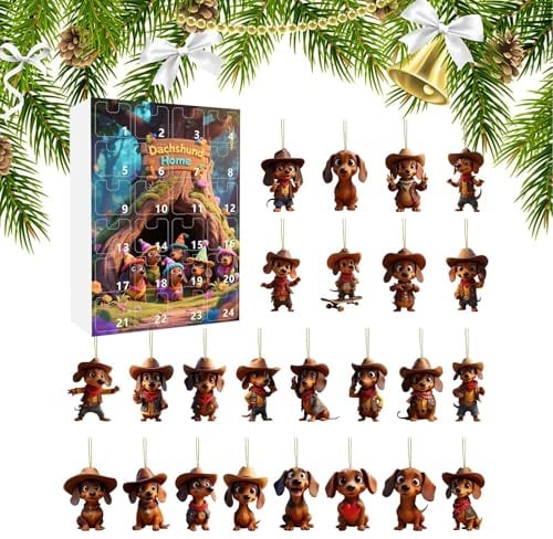 24 Tage Hunde-Adventskalender, 24 Tage Dackel, niedlicher Countdown-Kalender 2025, flacher Hundeanhänger aus Acryl, 2D-Dekoration für den Urlaub am