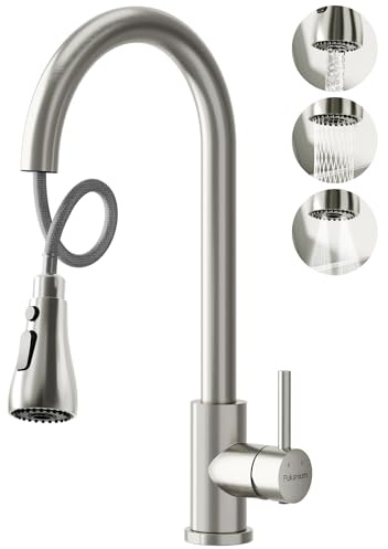 PUKANIUM Kitchen Tap Mixer with Pull Out Spray, Nickel Stainless Steel Kitchen Sink Taps 1 Hole with 3 Spray Modes, Pull Down Kitchen Mixer Tap Faucet with High Arc 360°Swivel