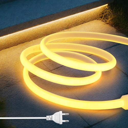 HEGEHE 230V Lumière au néon LED COB, 288 LEDs/m Ruban Led Flexible Néon Bande Led, IP65 Etanche Bande Lumineuse Super Lumineux pour Escalier, Chambre, Noël, Fête (Blanc chaud, 50M)