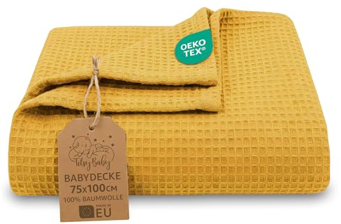 Waffeldecke Baby Ganzjahresdecke Babydecke 75x100 cm - Kinder Baumwoll Waffelpiqué atmungsaktiv leichte Übergangsdecke Decke – Kinderwagendecke Tagesdecke Neugeborene Oeko-Tex Toffee