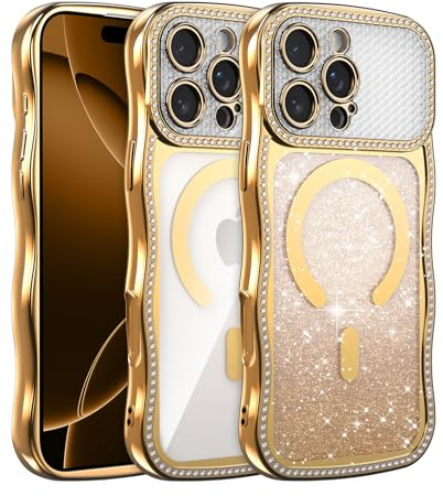 UCASONG for iPhone 13 Pro Max (6.7) Magnetic Wave Frame Case, Gold | Compatible with MagSafe, Sparkly Rhinestone Gradient Glitter Card, Aesthetic Wavy Case, Soft TPU Shockproof Protective Cover