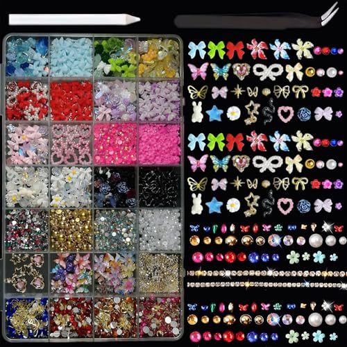 Nail Charms and Nail Gems with Tweezer & Wax Pen, Butterfly Bow Moon Star Flower, 3D Rhinestones Decorations for DIY Nails Design Accessories