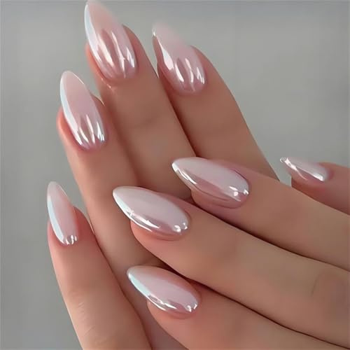 24PCS Pink Chrome False Nails - Almond Press on Nails - Nude Pink False Nails Short with Glazed Finish - Glitter French Tip Fake Nails Press on Elegant - Stick on for Women Daily Wedding Wear