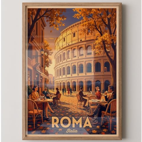 MJ-GRAPHICS® Poster Rom Wandbild Kolosseum Kunstdruck Stadt Café Retro Farben Deko Italien Herbst Wanddeko Vintage Wohnzimmer Bilder Architektur Retro-Stil A3 ohne Rahmen
