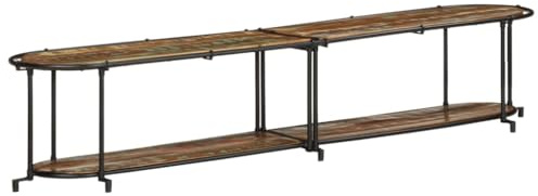 QJBSAVVA Mobile TV basso da 200 cm, in legno massiccio anticato e ferro, stile rustico, per soggiorno, grande tavolo TV in legno vintage con vano portaoggetti, design industriale