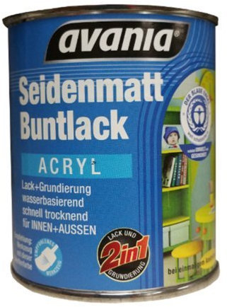 Avania Seidenmatt Buntlack/Acryllack/farblos / 375 ml / 2 in 1 Klarlack u. Grundierung/Malerqualität für Holz, Putz,Beton, Mauerwerk, Kunststoff,Eisen, Stahl, Metall,Zink, Aluminium, Kupfer