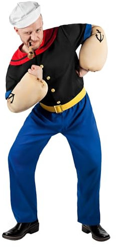 Popeye Comic Seemann Kostüm 6-teilig mit Hemd, Hose, Muskel-Armen und Matrosenmütze (XXL)
