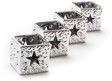 DARO DEKO Keramik Teelichthalter Silber Stern 7,5 x 7,5cm - 4 Stück