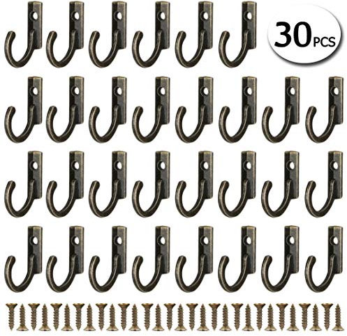 UIEEGPG 30 Pieces Small Single Key Hooks Wall Mounted Hanger Hooks Robe Hook with Screws for Decoration((Vintage Bronze)