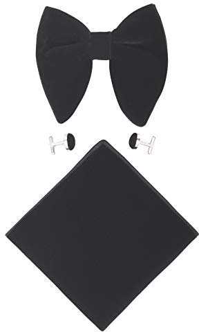 WANYING Herren Samt Oversized Fliegen & Einstecktuch & Manschettenknöpfe 3 in 1 Sets Vorgebunden Fliegen Verstellbar mit Hakenverschluß - Einfarbig Schwarz