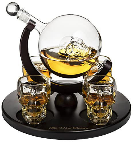 Large Skull Decanter 4 Glasses - Beautiful Wooden Base - By The Wine Savant Use Skull Head Cup For A Whiskey, Scotch and Vodka Shot Glass, 25 Ounce Decanter 4 Ounces Shot Glass