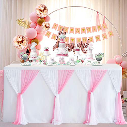 HBBMAGIC DIY Tüll Tischrock Weiß+Rosa, 183cm×76cm Party Dekoration Tüll Tischröcke für Hochzeit Geburtstag Taufe Babyparty Bankett