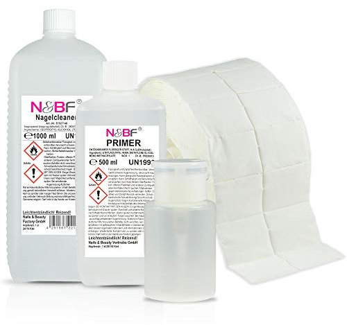 NAILS FACTORY | N&BF Spar Set Nagel Cleaner 1000ml & Primer 500ml + Dispenser Weiß & 1000 Zelletten Tupfer – Cleaner für Gelnägel – Haftvermittler – Nail Cleaner 1L – 70% Isopropanol 30% Wasser