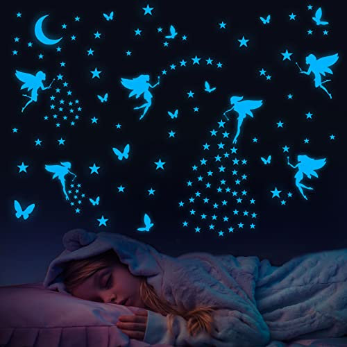 YOMAIDO Leuchtsterne Kinderzimmer Selbstklebend, 6 Pack Leuchtsticker Wandtattoo/Wandsticker Kleine Fee, Fluoreszierend Aufkleber für Mädchen und Jungen, Baby Schlafzimmer