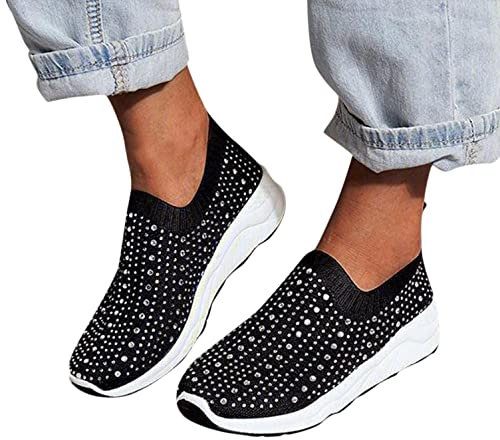 Sportschuhe Damen Sommer Atmungsaktiv Mesh Frauen Sneaker Strass Glitzer Freizeitschuhe Licht Slip-on Outdoorschuhe Einfach Bequeme Weicher Boden Walkingschuhe Outdoor Fitness Sneaker