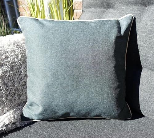 Kissen 45x45 cm Outdoor mit Keder & Füllung - Premium Olefin Lounge Stoff - Garten Dekokissen - Wasser- & Schmutzabweisende Beschichtung - Öko Tex 100 - UV Schutz (Petrol mit Keder in Natur)