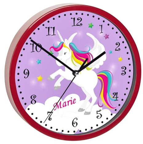 CreaDesign, Wanduhr Kinder personalisiert mit Name, Motiv Einhorn lila, Rahmen Wanduhr rot, Ø 19,5 cm