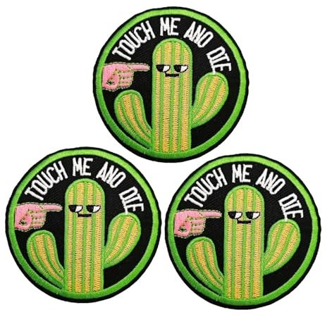 3 x Warn-Stickerei-Aufnäher, Touch Me and Die, lustiger Kaktus, bestickter Aufnäher für Kleidung, Jacken, Hüte, Taschen, Rucksäcke