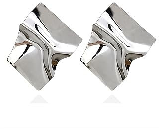 Dervivea Übertriebene Quadratische Ohrringe Silber - Große Statement Punk Metall Ohrstecker - Unregelmäßige Geometrische Schmuck für Frauen und Mädchen