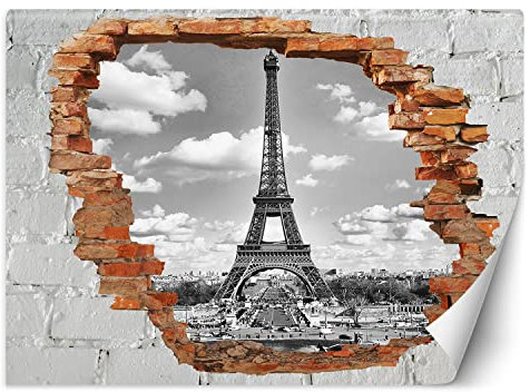 Feeby Papier Peint Intissé 3D Trou dans le mur Ville 300x210 cm noir et blanc Moderne Décoration Murale Tableaux Muraux Déco Tapisserie pour Salon Chambre à coucher Bureau Tour Eiffel Paris France