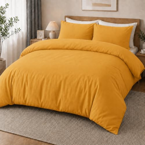 MOONLIGHT20015 Double Duvet Set Brushed Microfibre Ochre Bedding Sets | Quilt Cover with 2 Pillow Cases, Solid Soft Bed Set Premium Comfort and Breathable, Machine Washable – Home and Hotel Quality