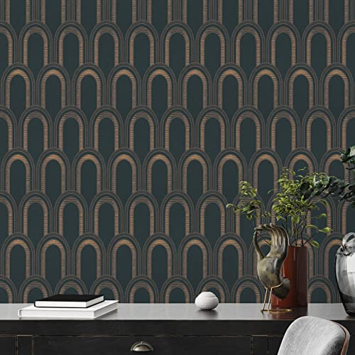 Art Deco 391762 Non-Woven Wallpaper Black/Beige/Gold Metallic Architects Paper Arcade Retro 10.05 m x 0.53 m Made in Germany