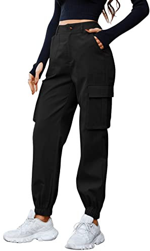 GORGLITTER Damen Cargo Hose Classics Cargohose Straight Hohe Taille Capri Lange Hosen Streatwear mit Taschen Schwarz M