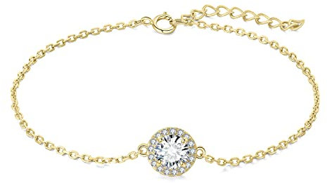 Jewelrypalace Rund 1ct Moissanite Armband Halo Damen Silber 925, Armreif mit Stein Simulierter Diamant Schmuck Set für Frauen, Armbänder Mädchen Verstellbar Armreifen, Geschenk für Freundin Vergoldet