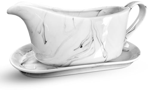 CASADELLA Thanksgiving Gravy Boat with Saucer Stand | 14 oz Ceramic Sauce Boat with Tray for Serving Gravy, Milk or Syrup | Modern Salad Dressing Dispenser