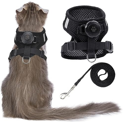 AirTag Katzengeschirr und Leine zum Spazierengehen, integrierte Katzenweste mit 100% wasserdichtem Airtag-Halter, ausbruchsicher, reflektierend, verstellbar, mit Apple Air-Tag-Hülle für Katzen,