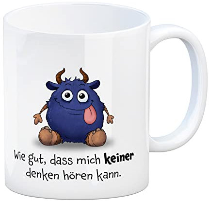 Freches Monster in dunkelblau Kaffeebecher mit lustigem Spruch Wie gut, dass mich keiner denken hören kann. Tasse für Kollegen Freunde und Kinder im Büro oder Zuhause