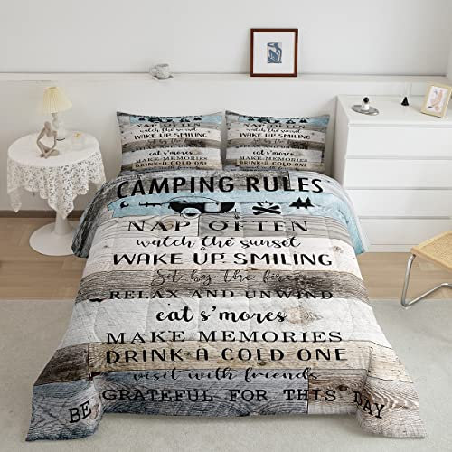 Erosebridal Camping Rules Tröster-Set, 3-teilig, Wohnmobil Dekor Bettwäsche Queen für Kinder Teenager Erwachsene Frauen Schlafzimmer Dekor, rustikale Bauernhaus-Bettwäsche Tröster-Sets Vintage Holz