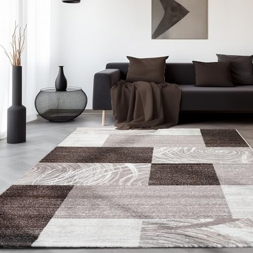 SIMPEX Teppich Wohnzimmer 140x200 cm Braun Modern Abstraktes Kariert Design Kurzflor Schlafzimmer Esszimmer Küche Jugendzimmer Waschbar Pflegeleicht Extra Weich