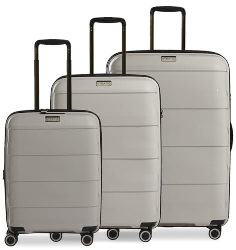 Stratic Straw + Hartschalen-Koffer Trolley Koffer-Set Reisekoffer, nachhaltig, 4 Rollen, erweiterbar, TSA-Schloss (Größe S,M,L,beige)