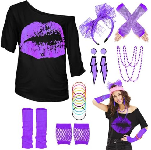 WILDPARTY 80er 90er Jahre Outfit Damen, T-Shirt, Beinwärmer, Stirnband, Ohrring, Halskette, Netzhandschuhe, 80er 90er Jahre Kostüm Mottoparty Accessoires Kleidung JD-80SMouth-Purple-3XL Made In China