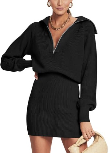 DEEP SELF Women's Casual Long Sleeve Bodycon Sweater Dresses Fall Half Zip V Neck Slim Fit Ribbed Knitted Mini Dress, Black, L