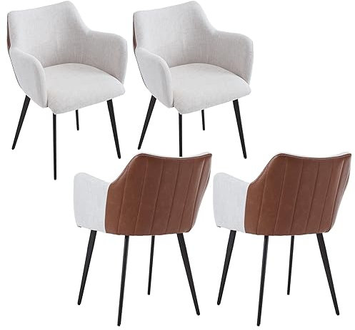 chairus Esszimmerstühle 4er Set Schminkstuhl PU Leder + Leinen Stoff Patchwork Armchairs Modern Sessel mit Metallbeinen für Wohnzimmer (Beige(Leinen))