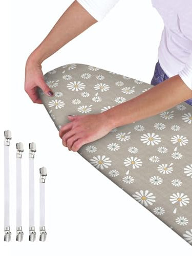 Ironing Board Cover - Universal Fit - 120 x 40cm + 4 pack Ironing Board Fitting Clips (Daisies)