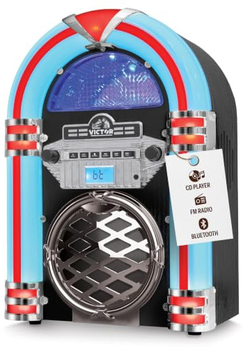 Victor VDTJ-1550 Tabletop Jukebox with Bluetooth, CD Player & FM Radio | 15 retro juke box music player, Mini digital speaker with color-changing LEDs, wireless streaming & AUX-in port, Black