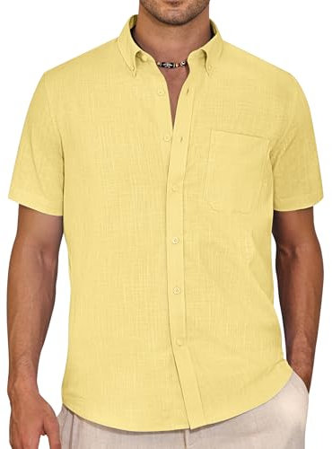 J.VER Men's Short Sleeve Linen Shirts Shrink Free Button Down Regular Fit Solid Shirt Casual Lightweight Summer Beach Vacation Shirts Tops with Pocket Light Yellow 2XL