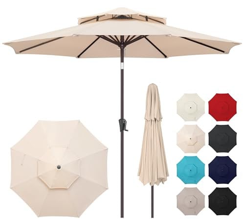 AckMizz Ombrellone da esterno da 3 m, impermeabile, protezione UV, con pulsante di inclinazione e manovella, ombrellone per piscina, veranda, giardino, terrazza, cortile (beige)