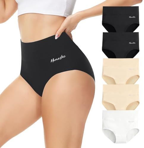 Momoshe Culotte Femme Coton Taille Haute 5 Pièces Elasticité Extensibles Slips Femmes Noir Blanc Beige 3XL