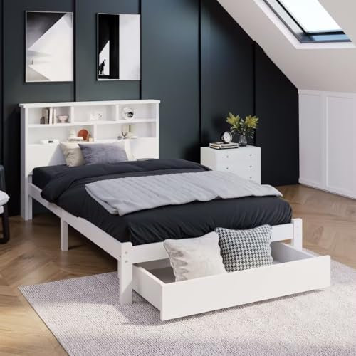 BTM Singl Bed Frame, Single Bed with Storage, White Wooden Singe Bed with Shelves and Drawer, Wooden Single Bed with Drawer - 3FT Single Bed (90 x 190 cm)